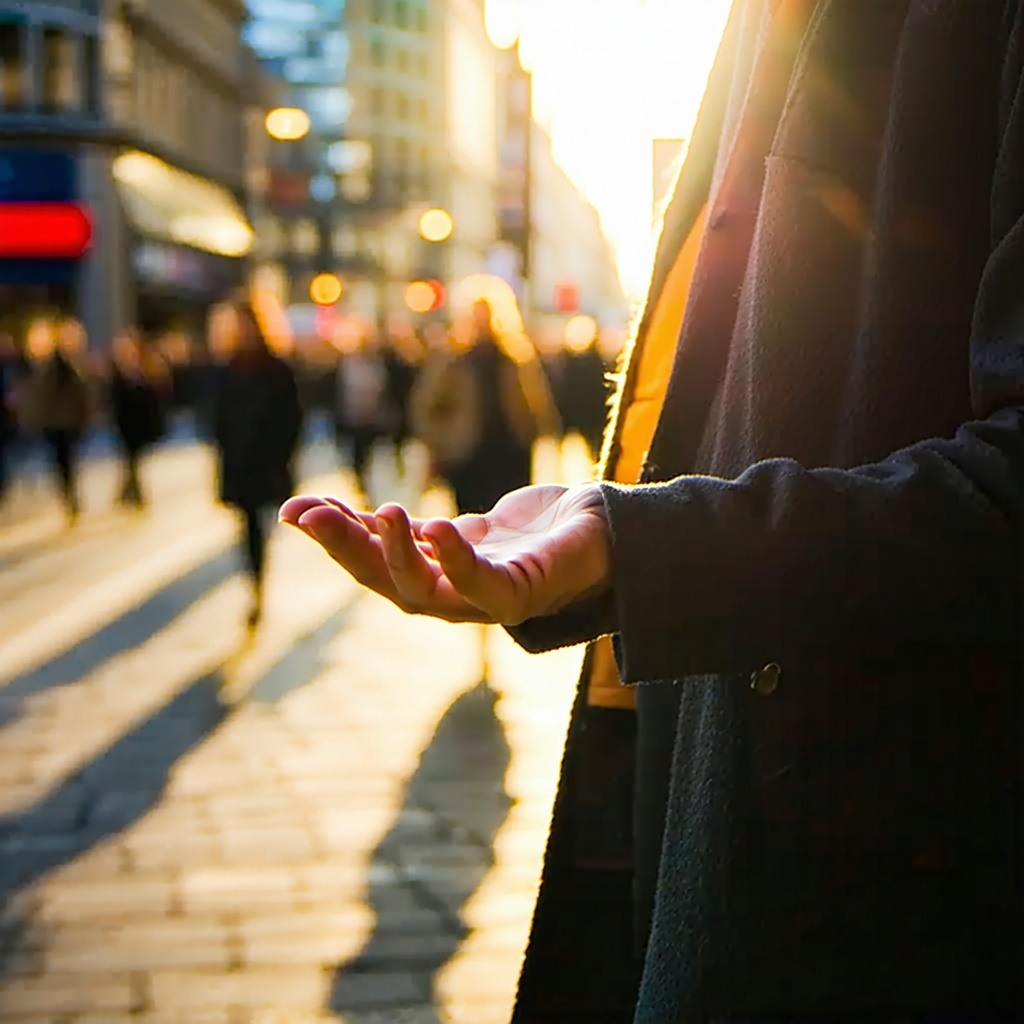 In a vibrant bustling urban environment a person stands prominently at the forefront extending their hand toward a lost traveler offering guidance and support The scene is bathed in warm golden backlight creating a soft halo effect around the subject In a vibrant bustling urban environment a person stands prominently at the forefront extending their hand toward a lost traveler offering guidance and support The scene is bathed in warm golden backlight creating a soft halo effect around the subject